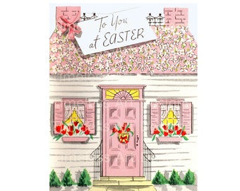 Clipart stampabile di Pasqua primaverile in formato digitale vintage, cottage con fiori rosa e fioriere da finestra, cartolina d'arte di Pasqua d'epoca!