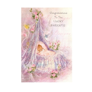Biglietto d'auguri per neonato da scaricare in formato digitale, stampabile. Una tenera bambina addormentata nella culla, in rosa e viola scintillanti!