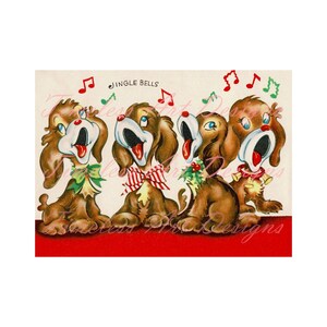 Imagen de descarga digital, adorables cachorros cantando cascabeles, villancicos, tarjeta navideña vintage, ¡cachorro vintage imprimible!