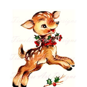 Image à téléchargement numérique, Happy Little Fawn, bébé cerf cabré, Jingle Bells, carte de Noël rétro vintage ! Renne imprimable. 1 png. 1 jpg