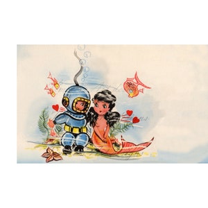 Imagen de descarga digital instantánea, Sirenita de ensueño, Buceador de aguas profundas, Tarjeta de San Valentín vintage, ¡Sirena imprimible!