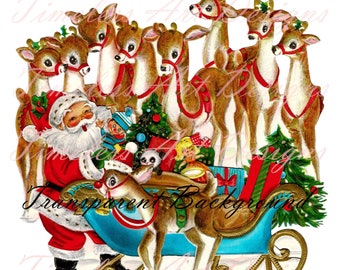 レトロなサンタとトナカイのイラスト：1950年代のクリスマスカード
