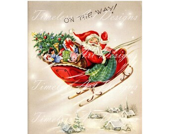 Vintage Retro Santa Printable Digital Download Image, Santa On His Way With His Reindeer Sleigh Full Of Toys, Christmas Card Image!