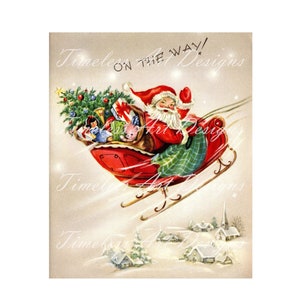 Vintage Retro Santa druckbare digitale Download Bild, Santa auf seinem Weg mit seinem Rentierschlitten voller Spielzeug, Weihnachtskartenbild!