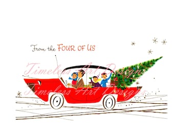 Digital Download Image Happy Family In Car Bringing Home The Christmas Tree, Vintage Christmas Holiday Card Printable.