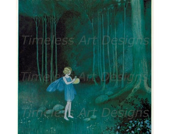 Ilustración de arte de hadas vintage, escena del bosque (descarga digital)