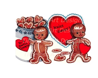 Digital Download Image Sweet Anthropomorphic Gingerbread Man Couple Cookie Jar Sweethearts Vintage Valentine Card Printable!