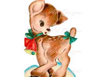 Vintage Christmas Reindeer Image, Retro Fawn with Bow (Digital Download)