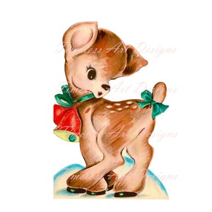 Immagine scaricabile in digitale, piccola renna carina con fiocco sulla coda, cerbiatto. Immagine di cartolina di Natale vintage, cervo retrò, Rudolph stampabile!