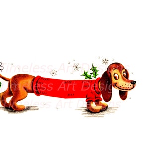 Imagen de descarga digital para imprimir. Lindo perro salchicha salchicha de pelo largo con camisa roja. ¡Tarjeta navideña vintage!