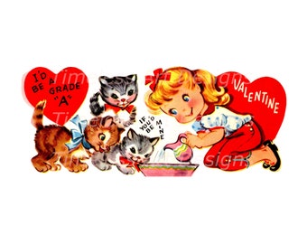 Digital Download Valentine Printable Cute Girl Feeding Her Kittens Vintage Valentine's Day Card Graphic!