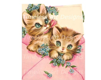 Imagen de descarga digital, queridos gatitos, gatitos dentro de un sobre rosa, tarjeta de felicitación vintage, gatito vintage imprimible!