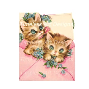 Digital Download Image, Darling Kittens, Kitty Cats Inside A Pink Envelope, Vintage Greeting Card, Vintage Kitten Printable!