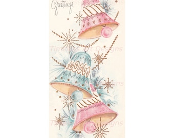 Digital Download Beautiful Pink & Blue Christmas Bells, Vintage Christmas Card Image, Paper Crafts, Art Card!