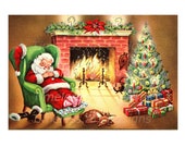 Digital Download Retro Santa Printable Warm And Cozy Christmas Scene Jolly Santa Claus & Deer Nap By Fire Vintage Christmas Card Clipart!