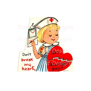 ¡Descarga digital de imágenes prediseñadas de San Valentín imprimibles! Dulce enfermera con gráfico y gran corazón. ¡Tarjeta de San Valentín retro vintage!