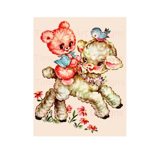 Download digital clipart retrô de cordeiro de Páscoa para impressão Urso fofo montado em um cordeirinho Decoração vintage de Páscoa Kawaii Artesanato!