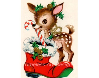 Digital Download Image, Sweet Fawn, Deer, Candy Cane, Santa Boot, Vintage Retro Christmas Card! Deer Printable.