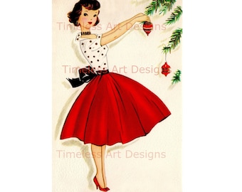 Digital Download Image, Pretty Lady Printable, Woman In Red Skirt & Polka Dot Shirt, Hanging Ornaments On Tree, Vintage Christmas Card!