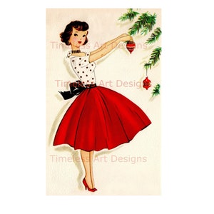 Digitaler Download Bild, hübsche Dame zum Ausdrucken, Frau im roten Rock & Polka Dot Shirt, hängende Ornamente am Baum, Vintage Weihnachtskarte!