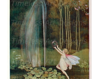 Imagen de descarga digital: Hermosa hada jugando con burbujas junto a una cascada. Gráficos de hadas antiguos/vintage. Hada imprimible.