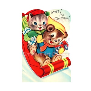Digital Download Image, Cute Kitty Cat & Bear Riding A Sled, Vintage Christmas Card Image, Christmas Printable!