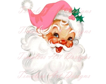 Digital Download Santa Face Transparent Background PNG JPG Files Blue Eye Retro Pinkmas Santa Claus Pink Hat Vintage Printable Christmas MCM