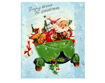 Digital Download Image, Jolly Old Santa In His Bright Green Helicopter Full Of Toy's, Vintage Christmas Card. Santa Printable!