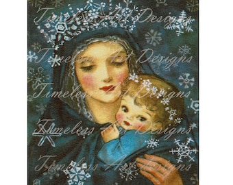 ¡Descarga digital hermosa bendita madre e hijo imprimible clipart imagen de tarjeta de felicitación de Navidad celestial vintage!