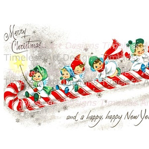Digitaler Download Engel Clipart zum Ausdrucken Süße kleine Putten, die auf einem Zuckerstangen-Schlitten reiten Vintage Weihnachtskarte Zuckerstange zum Ausdrucken!