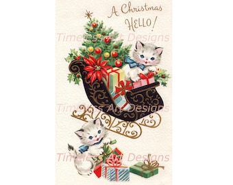 Vintage Kittens Christmas Card Image, Cats in Sleigh (Digital Download)