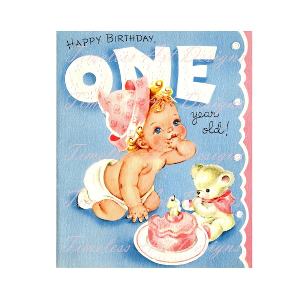 Digital Download Image, Darling Baby, Teddy Bear, Cake, Baby's First Birthday Vintage Greeting Card Image, Vintage Baby Printable!