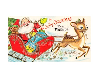 Vintage Weihnachtsmann und Rentierschlitten Weihnachtskarte Bild (digitaler Download)