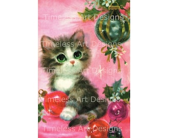 Digital Download Image Cat Printable Pretty Green Eyed Kitty Cat Under The Christmas Tree, Vintage Christmas Card Image!