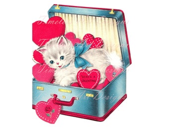 Digital Download Valentine Printable Clipart Cute White Kitten Cat In A Suitcase Full Of Hearts Vintage Retro Valentine Card Graphic!