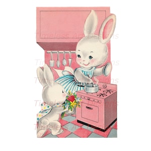 Vintage digitales Bild, süßes Mama Häschen & Baby Häschen Kochen, Kitsch, rosa Küche. Vintage Oster-/Geburtstagskarte, Hase zum Ausdrucken!