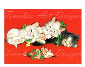 Imagen de tarjeta navideña vintage con gatitos y ratones (descarga digital)