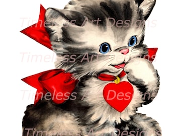 Digital Download Image, Adorable Kitten, Cat Wearing A Large  Red Heart, Vintage Valentine Card, Greeting Card Image, Cat Printable!