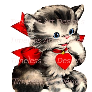 Digital Download Image, Adorable Kitten, Cat Wearing A Large  Red Heart, Vintage Valentine Card, Greeting Card Image, Cat Printable!