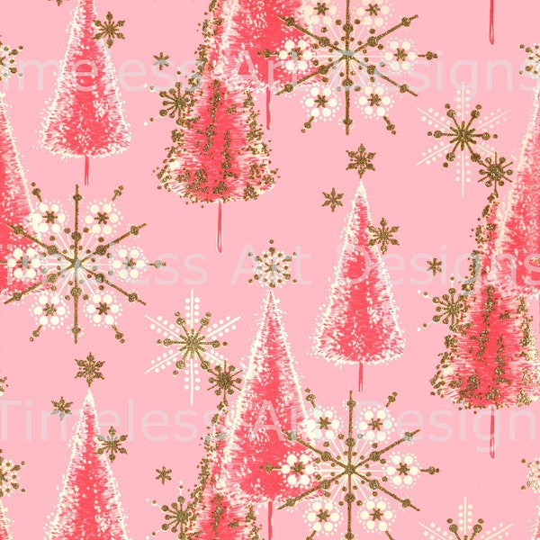 Digital Download Image, Beautiful Vintage Pink And White Christmas Trees, Snowflakes, Christmas Gift Wrap Paper Image!