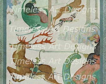 Digital Download Image Wall Art Room Decor Beautiful Art Nouveau Women In Sleigh With Reindeer And Hounds Vintage Christmas Printable!