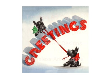 Digital Download Image, Vintage Scotty Dog Printable, Vintage Christmas Card, Retro Scotty Dogs!