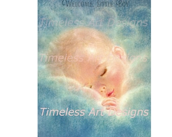 Digital Download Image, Sweet Angelic New Baby Boy, Vintage Greeting Card, Vintage Baby Printable!