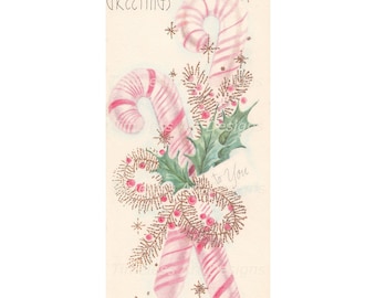 Descarga digital: dulces bastones de caramelo de rayas rosas con acebo, imagen de tarjeta navideña vintage, manualidades de papel, tarjeta Pinkmas imprimible.