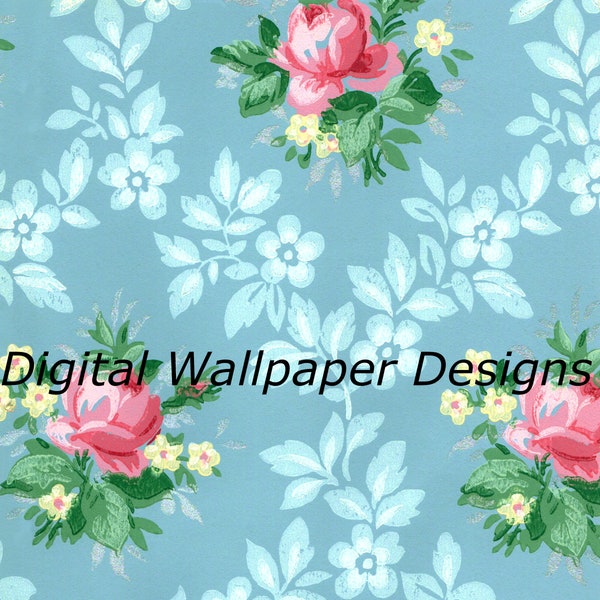 Vintage Wallpaper Printable, Digital Download, Pink Roses, Yellow Flowers On Blue, Junk Journals, Digital Paper, Paper Crafts!