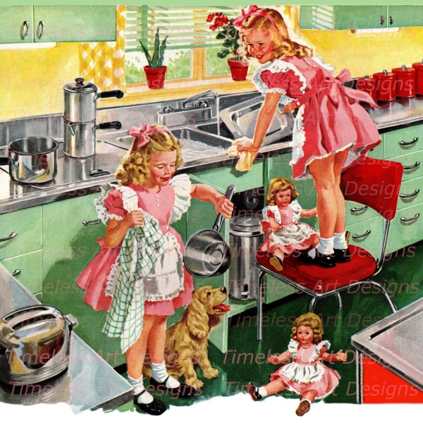 Vintage Retro Printable Kitchen Digital Download Image, Sweet Little Girl's Pink Dresses & Aprons Doing Dishes, Matching Dolls, Puppy Dog!