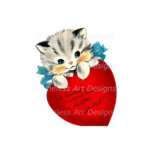 Chat de la Saint-Valentin en téléchargement numérique Clipart imprimable mignon chaton tenant un grand coeur vintage Saint-Valentin carte graphique !