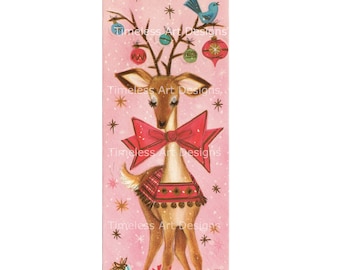 Vintage Christmas Reindeer Card Image, Pink Xmas Ornaments (Digital Download)