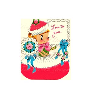 Image de carte de voeux vintage Sweet Shoppe Girl imprimable en téléchargement numérique des années 1950 rétro kitsch Cupcake Girl !