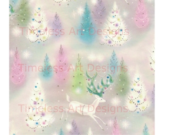 ¡Hermoso papel de regalo navideño retro con renos blancos y árboles de Navidad en colores pastel, descarga digital, imprimible, estilo vintage!